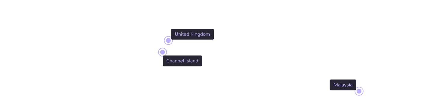 World map highlighting data centers in UK, Malaysia, and Channel Islands.
