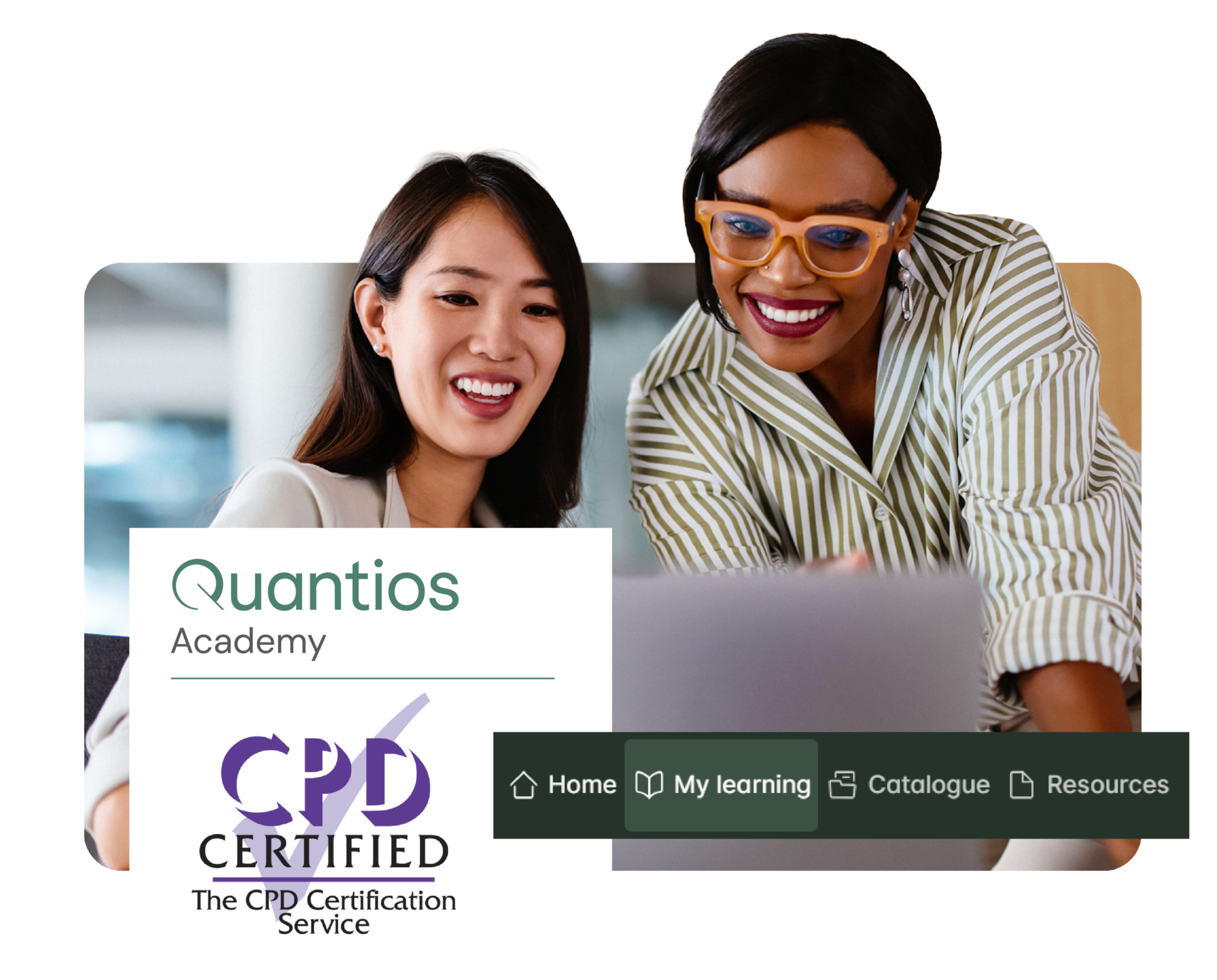 Two women collaborating on a laptop for Quantios Portal, an online learning platform.